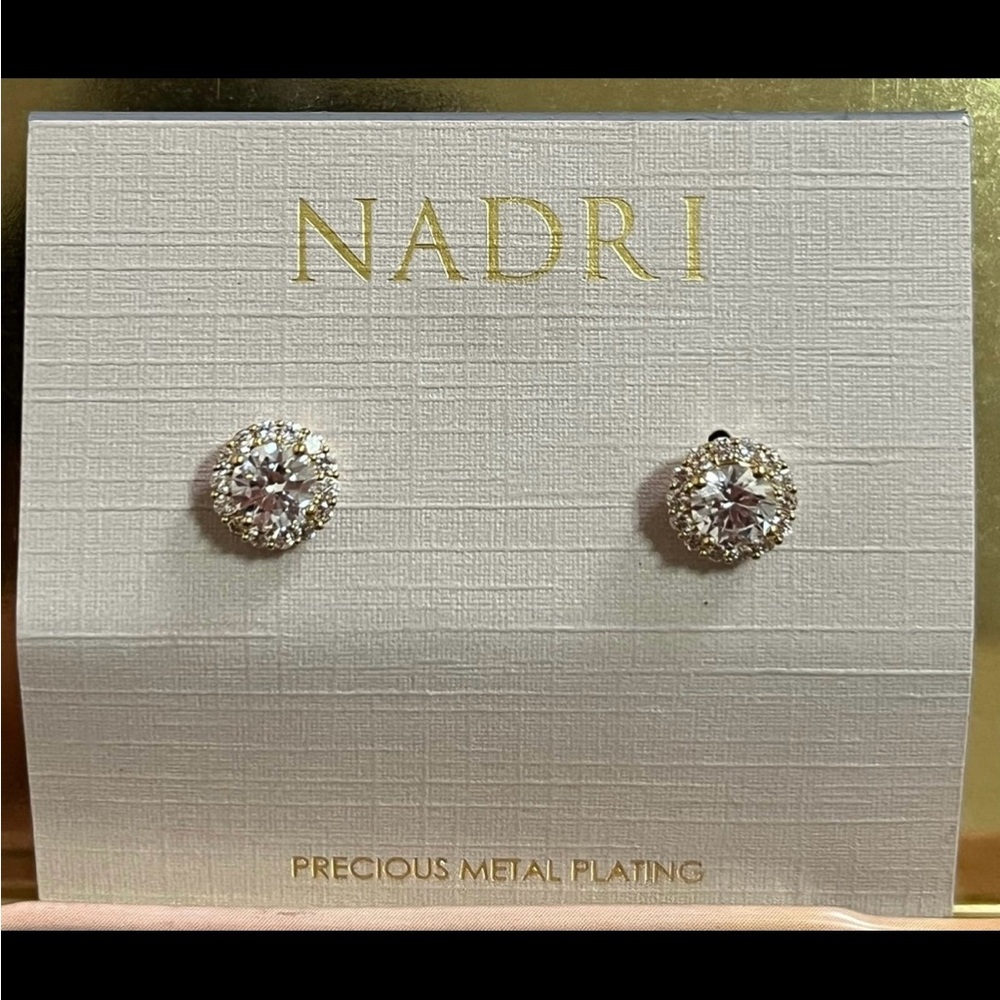 Nadri White Crystal Halo Stud Earrings - Precious Metal Plating